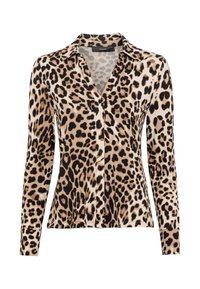 Camicia a maniche lunghe con bottoni, stampa leopardata beige, marrone e nera e colletto classico.