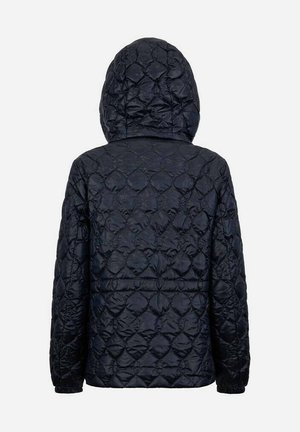 Veste matelassée navy avec capuche, présentant une surface texturée avec des motifs en losange et des poignets élastiques. Vue arrière montrée.