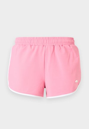 Pantaloni scurți atletici roz cu margine albă și talie elastică, afișați întinși pe un fundal deschis.