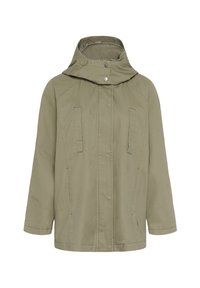 Oliva zelena jakna z odstranljivo kapuco, sprednjim zapiranjem na sponke, dvema stranskima žepoma in sproščenim krojem. Narejena iz lahkega blaga.