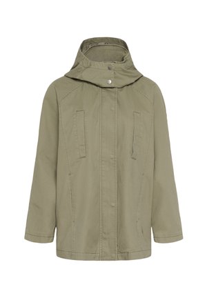 Alyvuogių žalios spalvos striukė su nuimamomis kapišonu, priekyje su segtukais, dvi šoninės kišenės ir laisvo kirpimo. Pagaminta iš lengvos medžiagos.