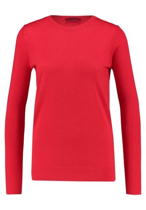 Czerwony sweter z długim rękawem i okrągłym dekoltem, z prążkowanymi rękawami i krawędzią, gładka dzianina, dopasowany krój.