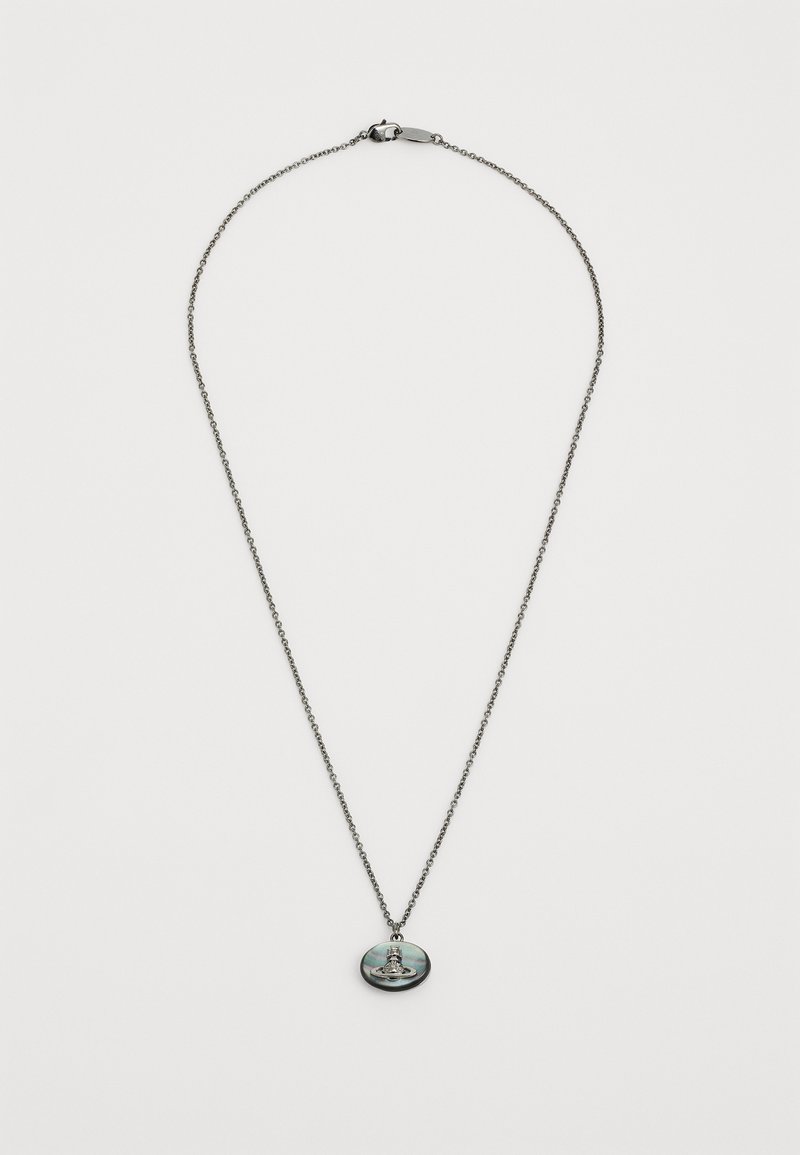 Silver-tone chain necklace featuring a circular pendant with a raised design, teal background, and dark border. Clasp closure included.