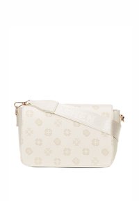 Sac bandoulière beige avec motifs embossés, design élégant, sangle réglable et ferrures dorées. Comprend une fermeture à rabat et un détail logo.
