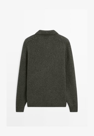 Dark gray wool sweater with long sleeves and a ribbed hem, shown from the back on a plain white background.