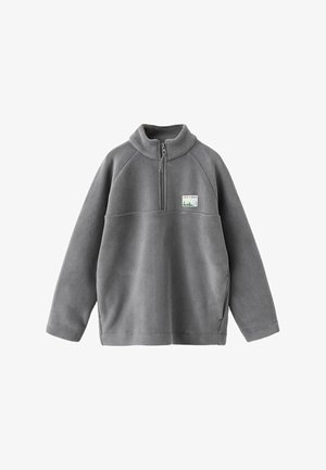 Pullover grigio in fleece con chiusura a zip a quarti, maniche raglan, tasche laterali e un piccolo logo "New Vibes" cucito. Texture morbida.