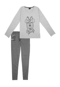 Maglietta grigia a maniche lunghe con grafica nera di Minnie Mouse. Leggings grigi coordinati con design di Minnie Mouse e testo in vita. Tessuto misto cotone.