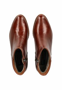 Brown leather ankle boots with a smooth texture, rounded toe, side zippers, and a soft interior lining.