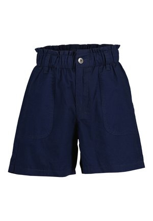 Granatowe szorty z elastycznym pasem, zapinane na guzik, z dwoma bocznymi kieszeniami. Wykonane z lekkiego materiału o gładkiej fakturze.