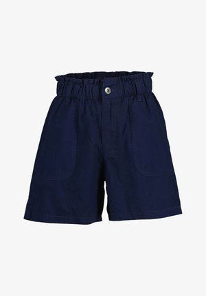 Granatowe szorty z elastycznym pasem, zapinane na guzik, z dwoma bocznymi kieszeniami. Wykonane z lekkiego materiału o gładkiej fakturze.