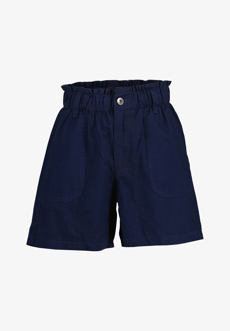 Granatowe szorty z elastycznym pasem, zapinane na guzik, z dwoma bocznymi kieszeniami. Wykonane z lekkiego materiału o gładkiej fakturze.