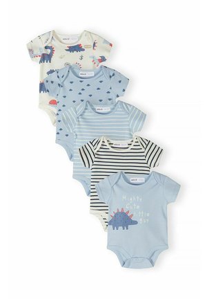 Pięć krótkich body niemowlęcych z krótkim rękawem w odcieniach niebieskiego i kremowego z nadrukami dinozaurów, paskami oraz napisem "Mighty Cute Little Guy" na jednym z nich.