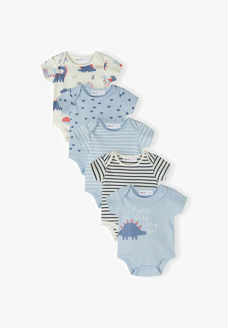 Cinq bodies pour bébé à manches courtes en bleu et crème avec des imprimés de dinosaures, des rayures, et le texte « Petit gars super mignon » sur l'un d'eux.