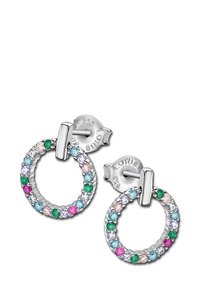 Boucles d'oreilles circulaires en argent, ornées de pierres précieuses multicolores, avec une surface texturée et une fermeture à pression sécurisée.