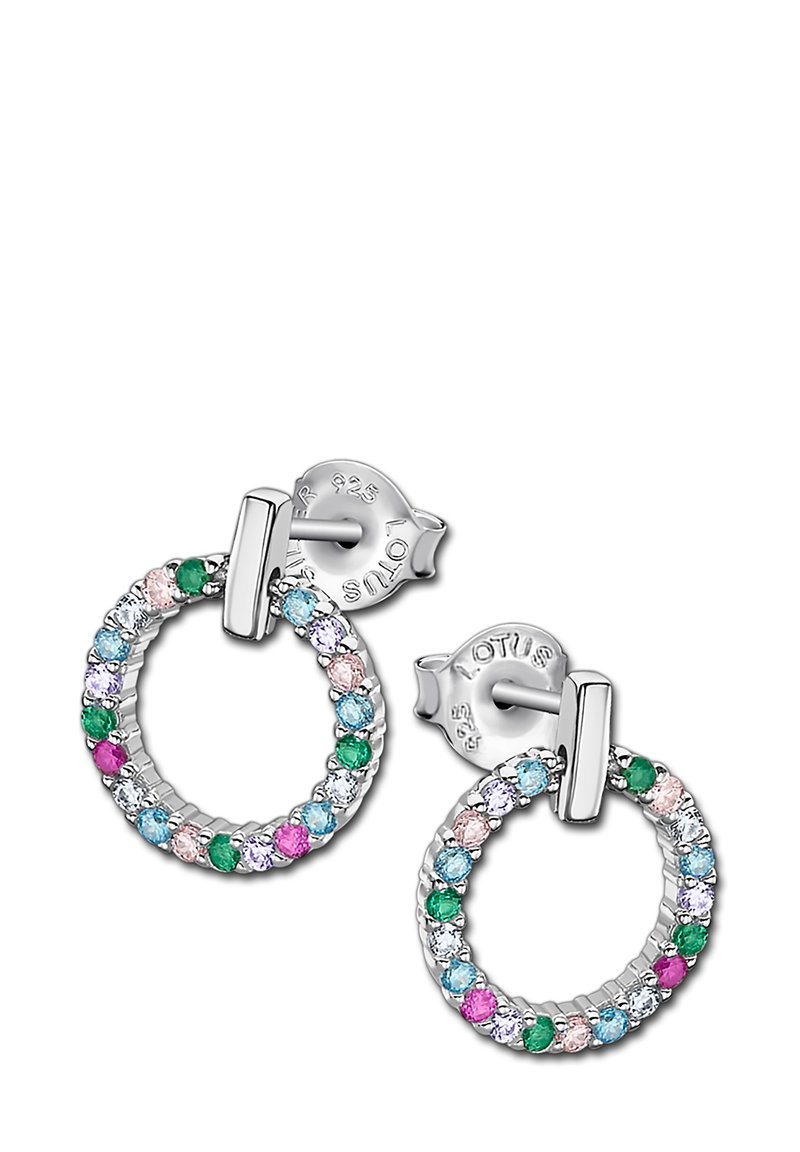 Boucles d'oreilles circulaires en argent, ornées de pierres précieuses multicolores, avec une surface texturée et une fermeture à pression sécurisée.