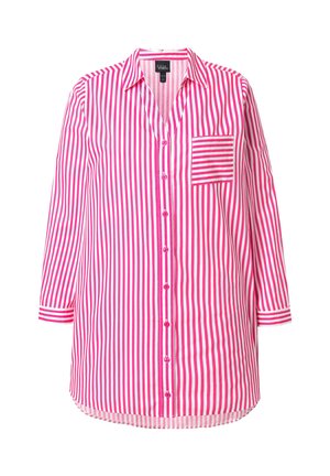 Camisa de manga larga con rayas verticales en rosa y blanco, cierre frontal con botones, un bolsillo en el pecho y bajo curvado. Tejido de algodón suave.