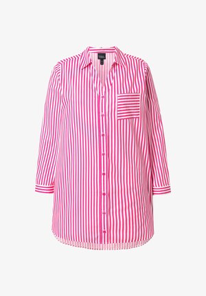 Koszula z długim rękawem w pionowe różowo-białe paski, zapinana na guziki z przodu, z pojedynczą kieszenią na wysokości klatki piersiowej i zaokrąglonym dołem. Gładka bawełniana tkanina.