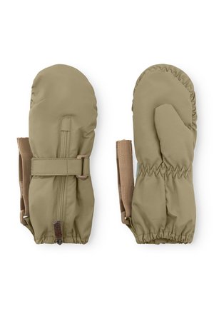 Moufles beiges avec un extérieur lisse et imperméable, des poignets élastiques et des sangles réglables à l'arrière pour un ajustement sécurisé. Présente une fermeture éclair sur le côté.