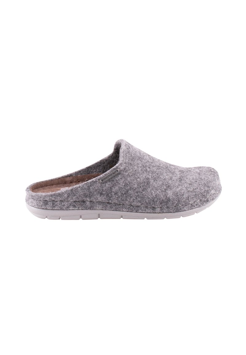 Grijze gevoerde slipper met een instapontwerp, zachte binnenvoering en een witte rubberen zool. Eenvoudige, afgeronde teenvorm zonder versieringen.