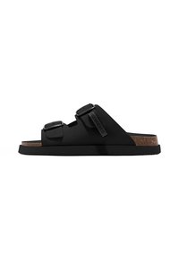 Sandalias negras de slide con dos correas ajustables, plantilla de corcho y suela de goma texturizada para mayor tracción. Diseño simple y moderno.