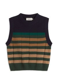 Sleeveless striped knit vest featuring a navy blue top, dark green and tan horizontal stripes, ribbed hem, and a round neckline.