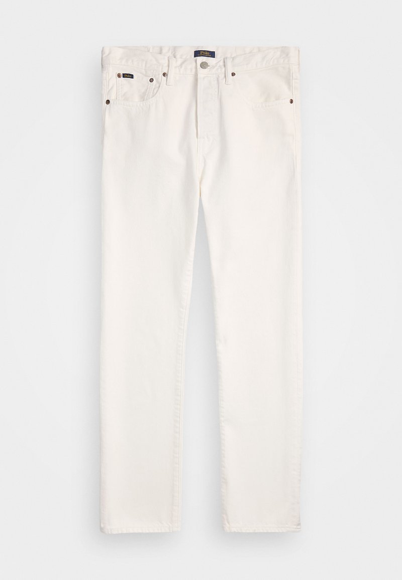 Hvit bomullsdenim jeans med rett ben-design, knapp og glidelås, fem lommer og kontrasterende sømdetaljer.