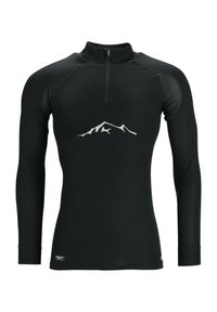 Zwart sportshirt met lange mouwen, een ritskraag, ribbeltextuur en een witte bergsilhouetlogo op de borst.