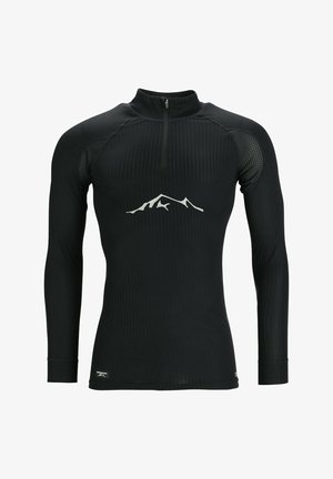 Black long-sleeve athletic shirt with a zip collar, ribbed texture, and a white mountain silhouette logo on the chest.