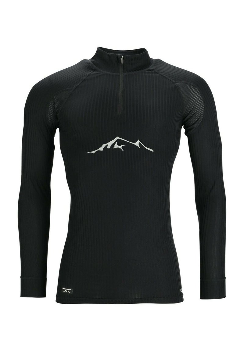 Zwart sportshirt met lange mouwen, een ritskraag, ribbeltextuur en een witte bergsilhouetlogo op de borst.