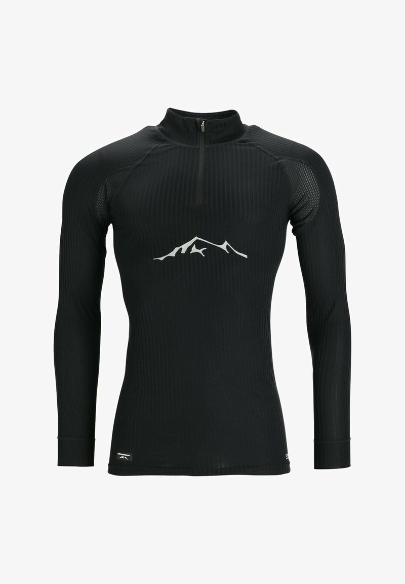 Zwart sportshirt met lange mouwen, een ritskraag, ribbeltextuur en een witte bergsilhouetlogo op de borst.