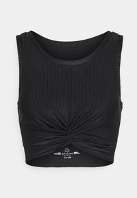 Black ribbed crop top with a round neckline and a knotted detail at the front, designed for medium support. Smooth texture and fitted shape.