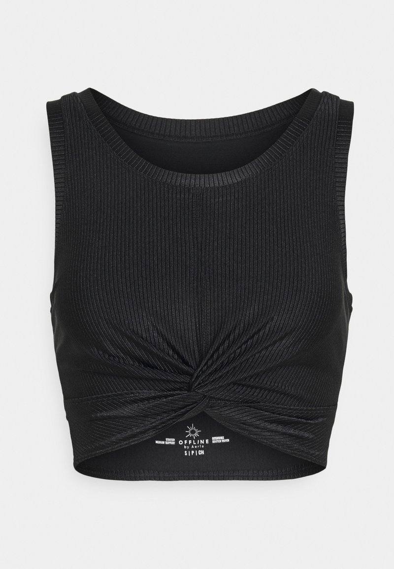 Černý žebrovaný crop top s kulatým výstřihem a uzlovým detailem na přední straně, navržený pro střední podporu. Hladká textura a přiléhavý střih.