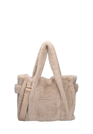 Beige neplederen handtas met een pluizige textuur, dubbele handvatten aan de bovenkant, een verstelbare schouderband en een minimalistisch ontwerp.