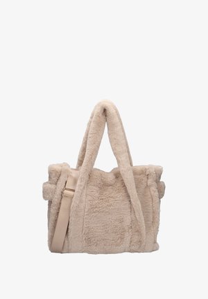 Beige faux fur handbag with plush texture, dual top handles, adjustable shoulder strap, and a minimalistic design.