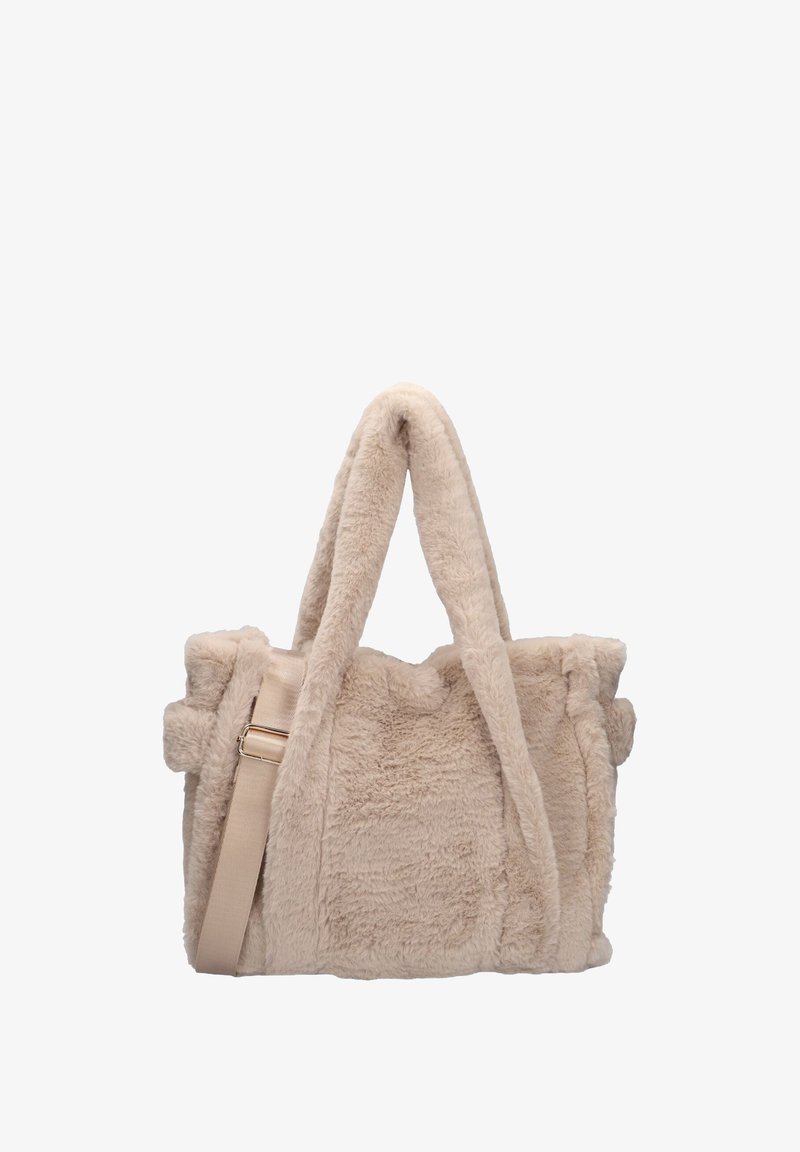 Beige Handtasche aus Kunstfell mit samtiger Textur, doppelten oberen Griffen, verstellbarem Schultergurt und minimalistischem Design.