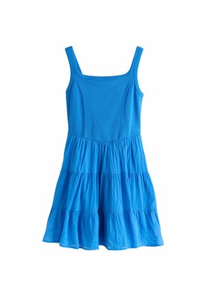 Modré bezrukávové šaty so štvorcovým výstrihom a sukňou s našitými volánmi, vyrobené z ľahkej látky.