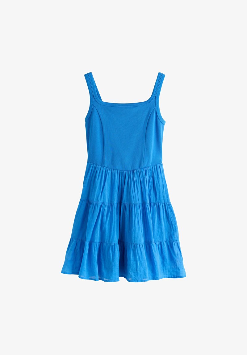 Robe bleue sans manches avec encolure carrée et jupe à volants froncés, réalisée en tissu léger.