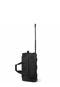 Zwarte wieltas met een uitklapbare telescoophandgreep en meerdere ritscompartimenten, staande rechtop op een witte achtergrond.