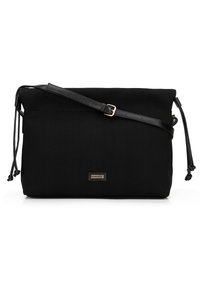 Černá crossbody taška z látky s texturovaným povrchem, nastavitelným popruhem z umělé kůže, stahovací šňůrkou a malou přední logovkou.