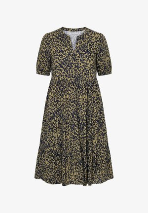 Sukienka do kolan z krótkimi bufkami, okrągłym dekoltem, zapinana na guziki, z ciemnym wzorem zwierzęcym na oliwkowozielonym materiale.