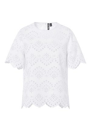 White short-sleeve blouse with eyelet embroidery, scalloped hem and sleeves, round neckline, and zipper closure at the back.