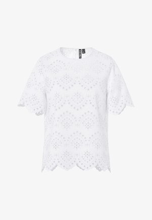 White short-sleeve blouse with eyelet embroidery, scalloped hem and sleeves, round neckline, and zipper closure at the back.