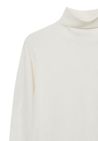 Pull en col roulé couleur crème, arborant une texture tricotée douce et des manches longues, avec un design décontracté et un col roulé.