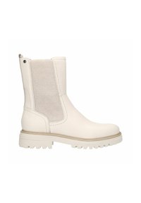 Stivali alla caviglia bianchi con finitura in pelle liscia, pannelli laterali elastici grigi testurizzati e una suola resistente per una migliore trazione.