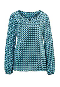 Maglia a maniche lunghe in tessuto blu testurizzato, con un motivo geometrico a triangoli in tonalità di verde e navy. Collo rotondo con pieghe.