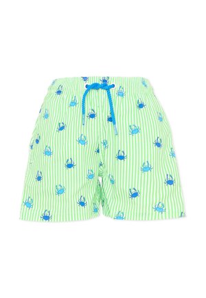 Costume da bagno corto a righe verde chiaro e bianco con motivi di granchi blu e coulisse blu in vita.