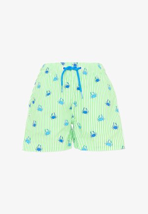 Costume da bagno corto a righe verde chiaro e bianco con motivi di granchi blu e coulisse blu in vita.