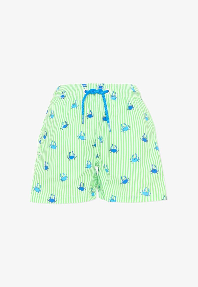 Short de bain rayé vert clair et blanc avec motifs de crabes bleus et taille à cordon bleu.