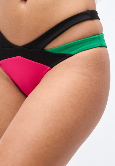 Bas de bikini noir, rose et vert avec un design géométrique. Présente des couleurs contrastées et une texture douce et lisse. Bretelles ajustables.