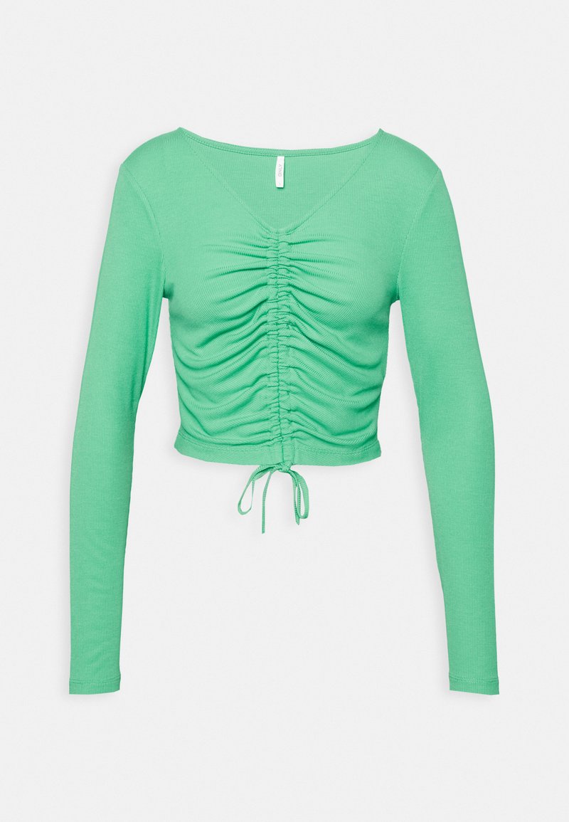 Top cropped de manga longa em verde brilhante, apresentando um design franzido na frente e um cordão na bainha para ajuste.